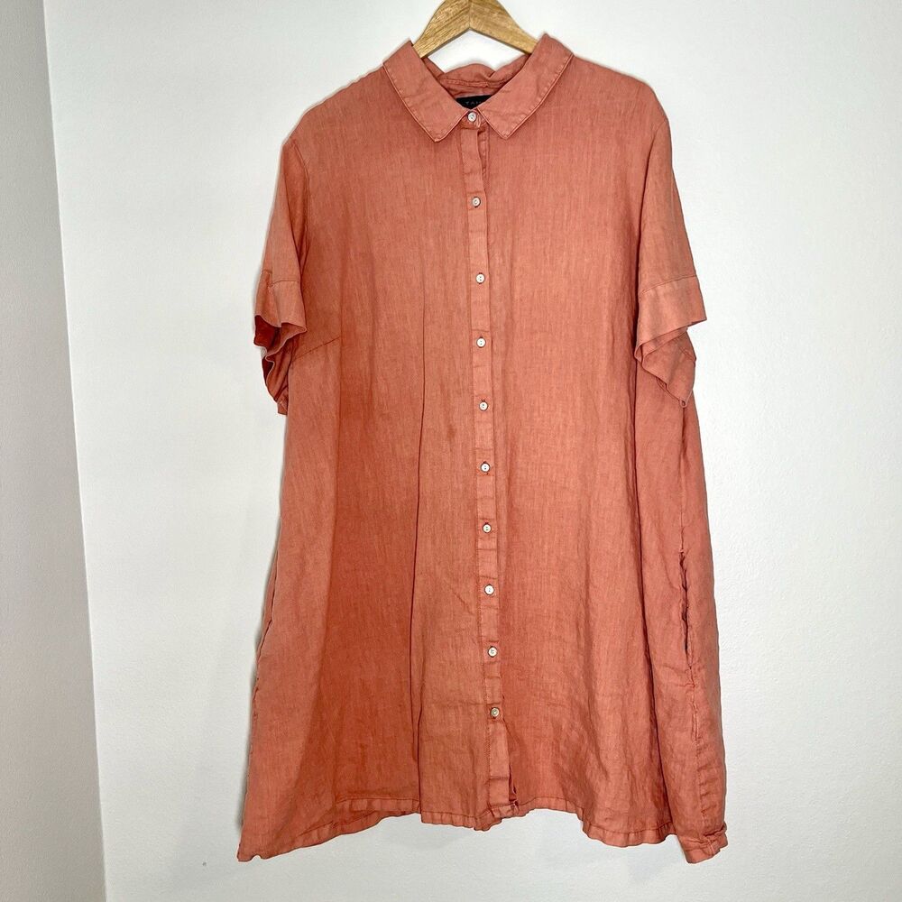 Tahari 100% Linen Shirt Dress Women's 3X Orange Fall Coastal Beach Resortwear